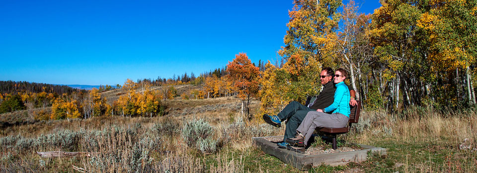 Couple resting on bench while hiking in fall colors at State Forest State Park