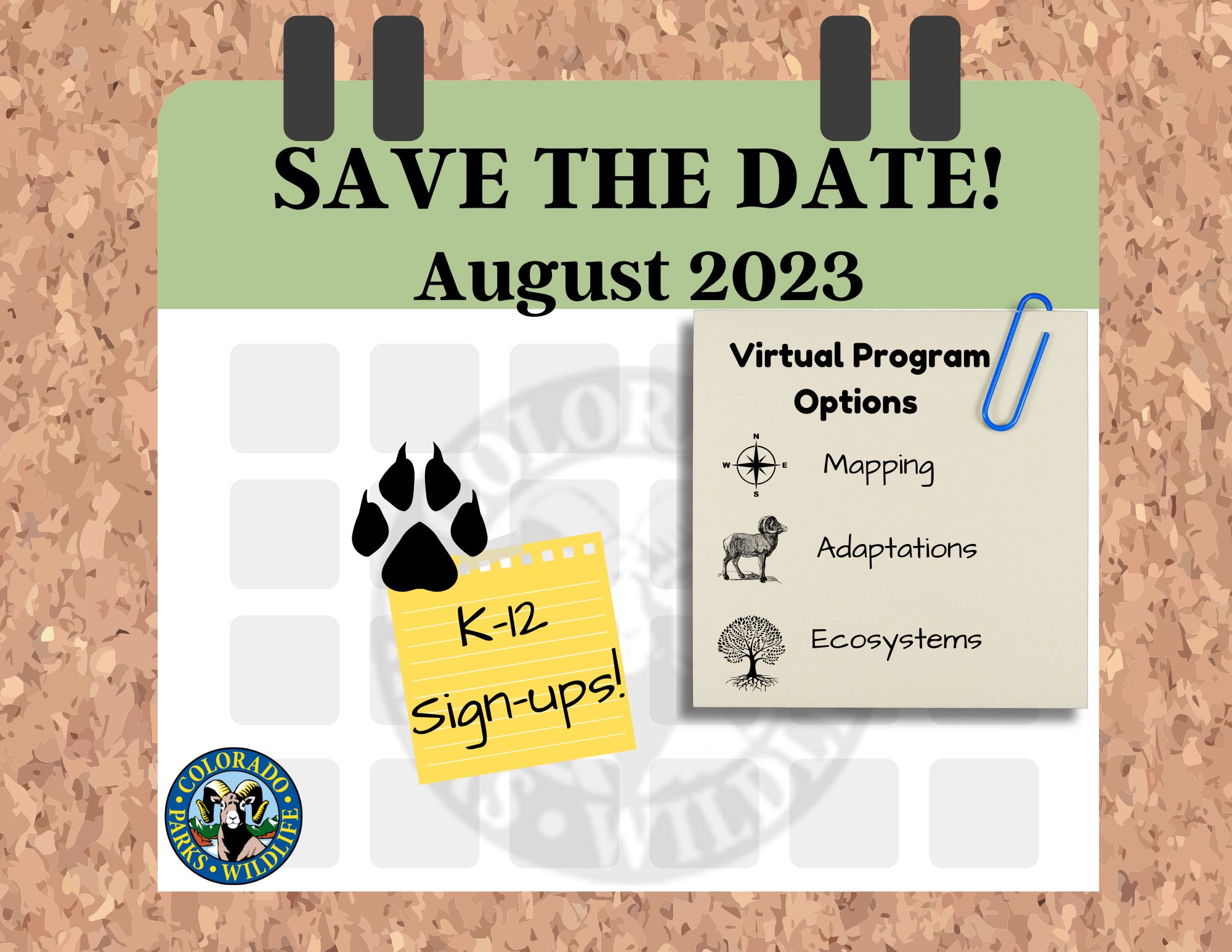 simple calendar image with a sticky note to save the date for k-12sign-ups for virtual programs