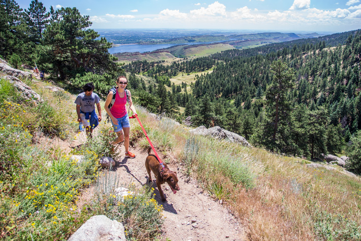 Two people hiking with a dog