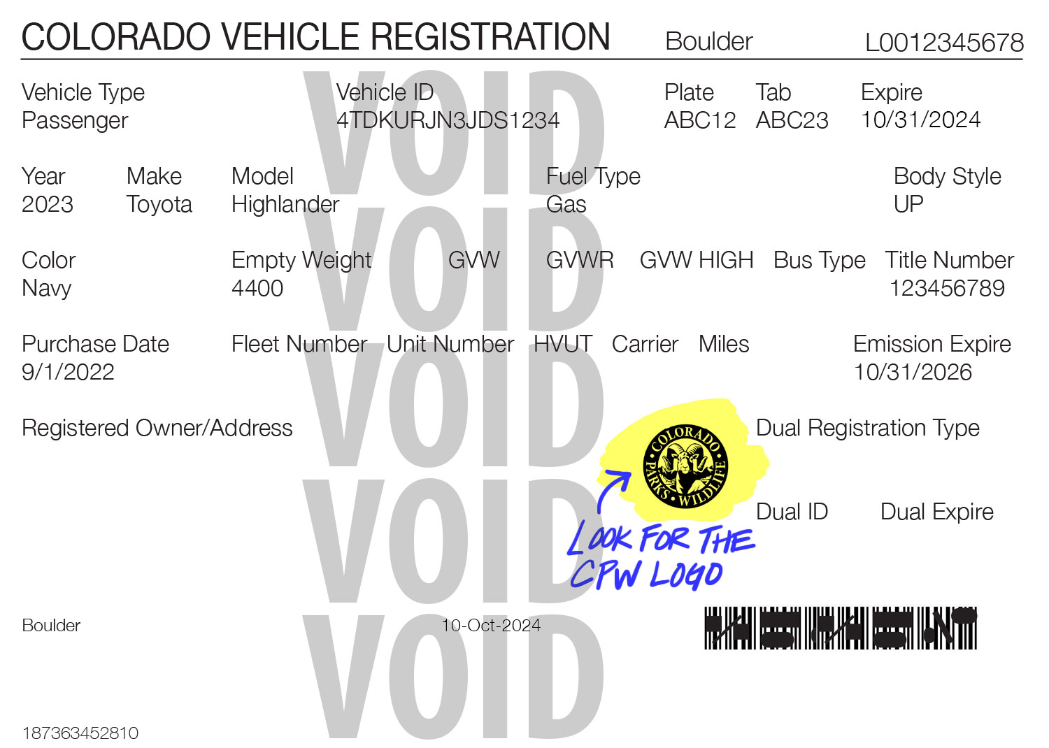Example of Keep Colorado Wild on Vehicle Registration