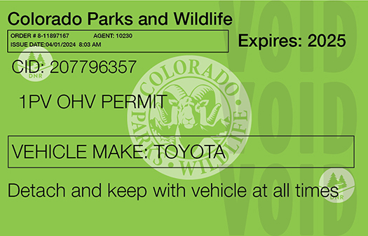 Example of OHV Permit - nonresidents or plated, street-legal vehicles