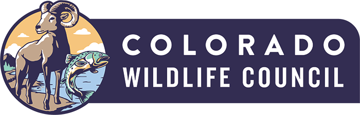 Wildlife Council Logo - A circle with a bighorn sheep and a jumping trout. Text is to the right on a dark blue background.