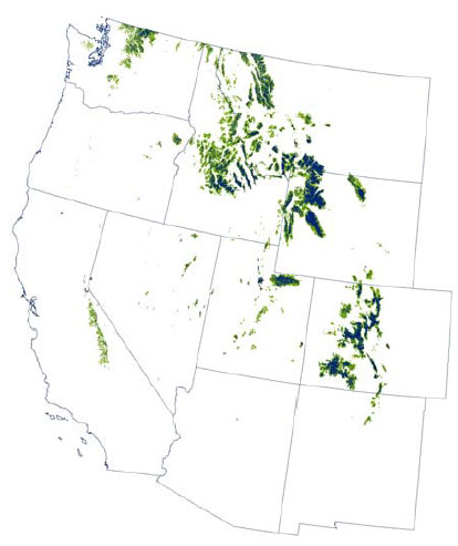 Modeled potential wolverine habitat in the Western United States.