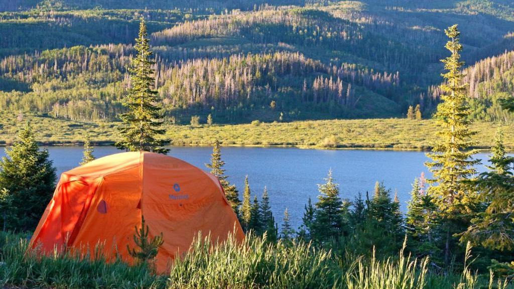 Orange tent overlooking Pearl Lake State Park with water and evergreen trees