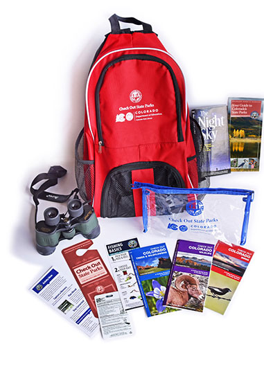 Activity backpack with binoculars, trail and animal information booklets, etc