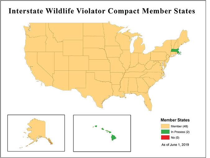 Wildlife Compact Member States map: The only states that do not participate are Hawaii and Massachusetts